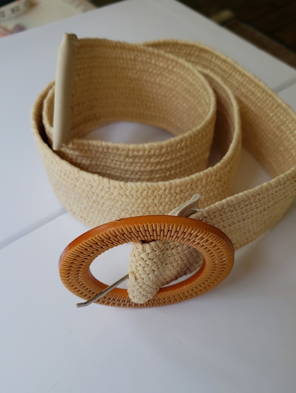Woven Texrured Circle-Buckle Belt in Natural With Stretch 38